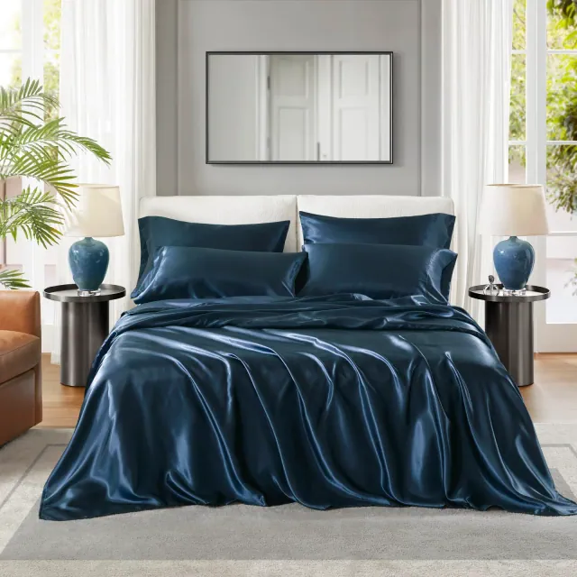 6 Pcs Solid Wrinkle-Free Satin Sheet Set, Silky Soft Touch Frezz-Reduce Luxury Sheets, OEKO-TEX Certified Premium Bedding Set, Midnight Blue, King