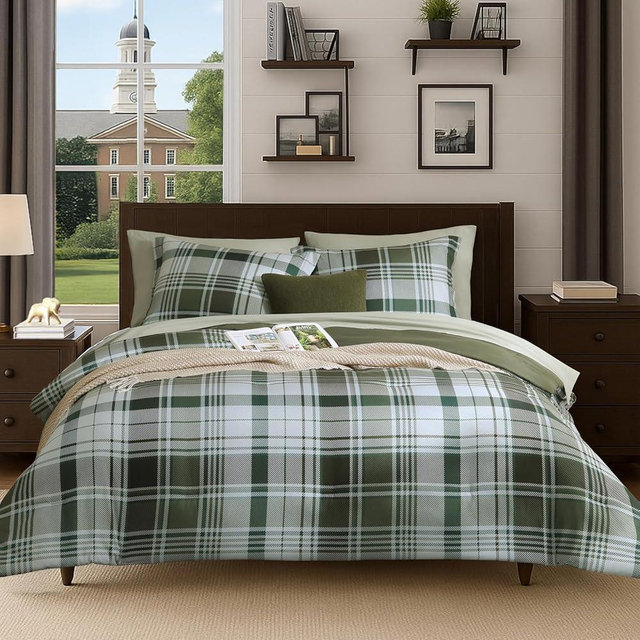 MAIREVE Queen Comforter Set, Plaid Design Comforter Set 7 Pieces, All Season Comfortable Bedding Sets Queen, Lightweight, Warm and Breathable (Olive Green, 90"x90")