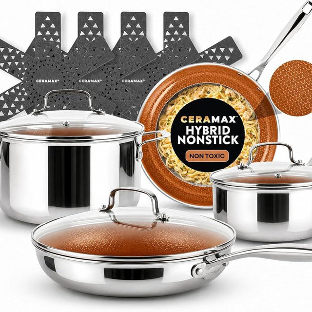 Gotham Steel Ceramax 12 Pcs Tri Ply Hybrid Stainless Steel Cookware Set, Ceramic Pots and Pans Set Non Stick with Induction Cookware, Made Without PTFE PFOA, Metal Utensil, Oven and Dishwasher Safe