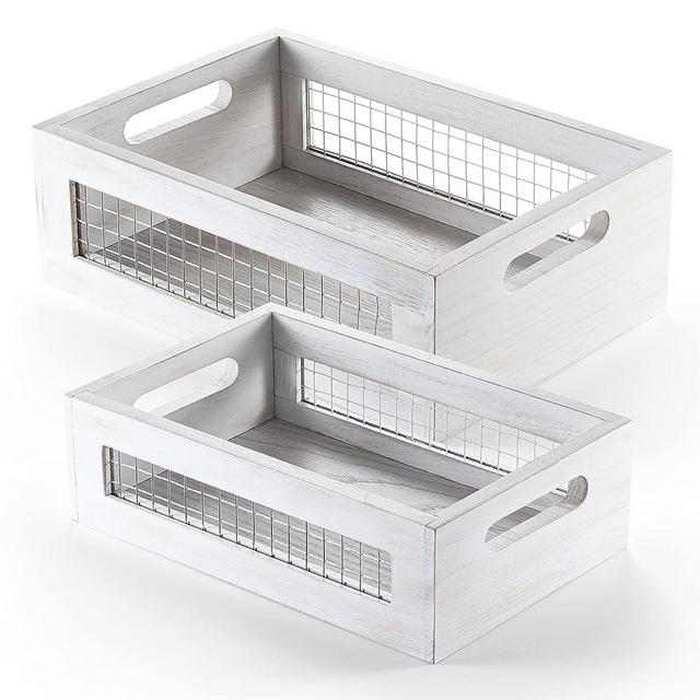 NAGAWOOD Wooden Countertop Baskets Set of 2 for Kitchen, Bathroom, Pantry|Wall Mount Upgrade with Full Accessories| Rustic Nesting Boxes|Wooden Organizer Crates for Fruit, Vegetables, Produce, Bread