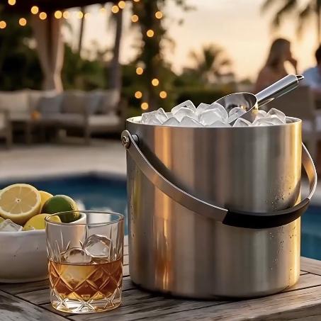 3.2L Double Wall Stainless Steel Ice Bucket with Lid,Scoop, Updated Insulated Ice Bucket for Cocktail Bar and Parties