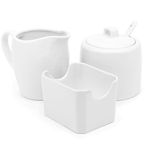 Kook Sugar and Creamer Set, 3 Piece, Pitcher, Sugar Bowl with Lid and Spoon, Sweetener Holder, White