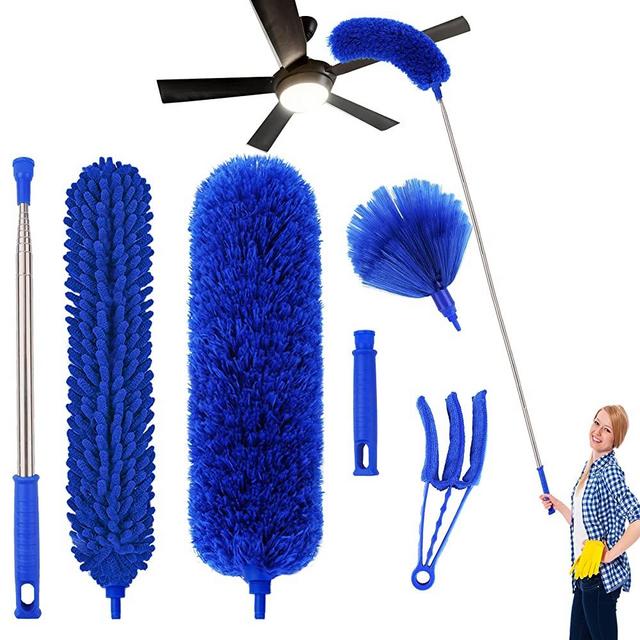 Dusters for Cleaning Microfiber Feather Dusters (New Upgraded) Fan Duster with Extension Pole (Stainless Steel) 100 In for High Ceiling Telescoping Home Cleaning Supplies for Blinds Furniture Car Blue