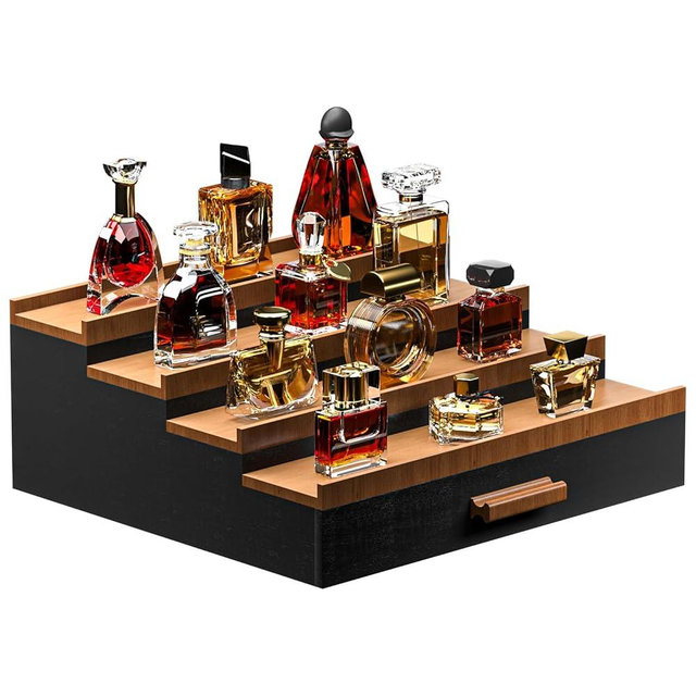 Vdamu Cologne Organizer for Men,4 Tier of Elevated Cologne Display Stand with Drawer Storage,Wood Cologne Display,Perfume Organizer and Storage Display Risers,Great Gift for Men (Black Walnut)