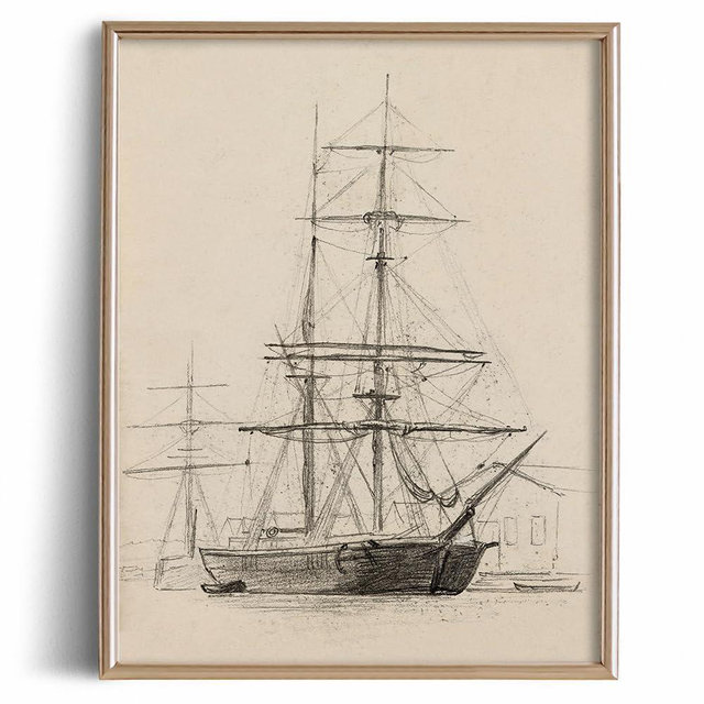 Coastal Seascape Ocean Etching Print Poster - Ship Boat Port Drawing Rustic Gray Building Picture - Vintage Farmhouse Wall Art - Grey Neutral Sketch Minimalist Mid Century French Country Room Decor