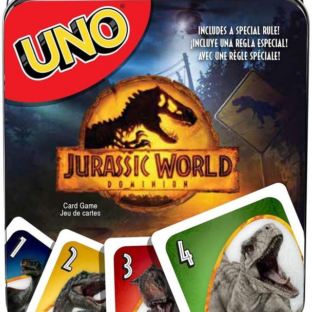 Jurassic World Toys UNO Dominion Card Game, Travel Game in Collectible Storage Tin & Special Rule for 2-10 Players (Amazon Exclusive)