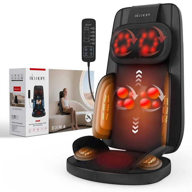 belhope Shiatsu Neck and Back Massager with Heat, 4D Kneading Back Massager for Pain Relief Deep Tissue, Comfortable Back Massage for Chair, Massage Mat for Office Home, Gifts for Men Women Parents