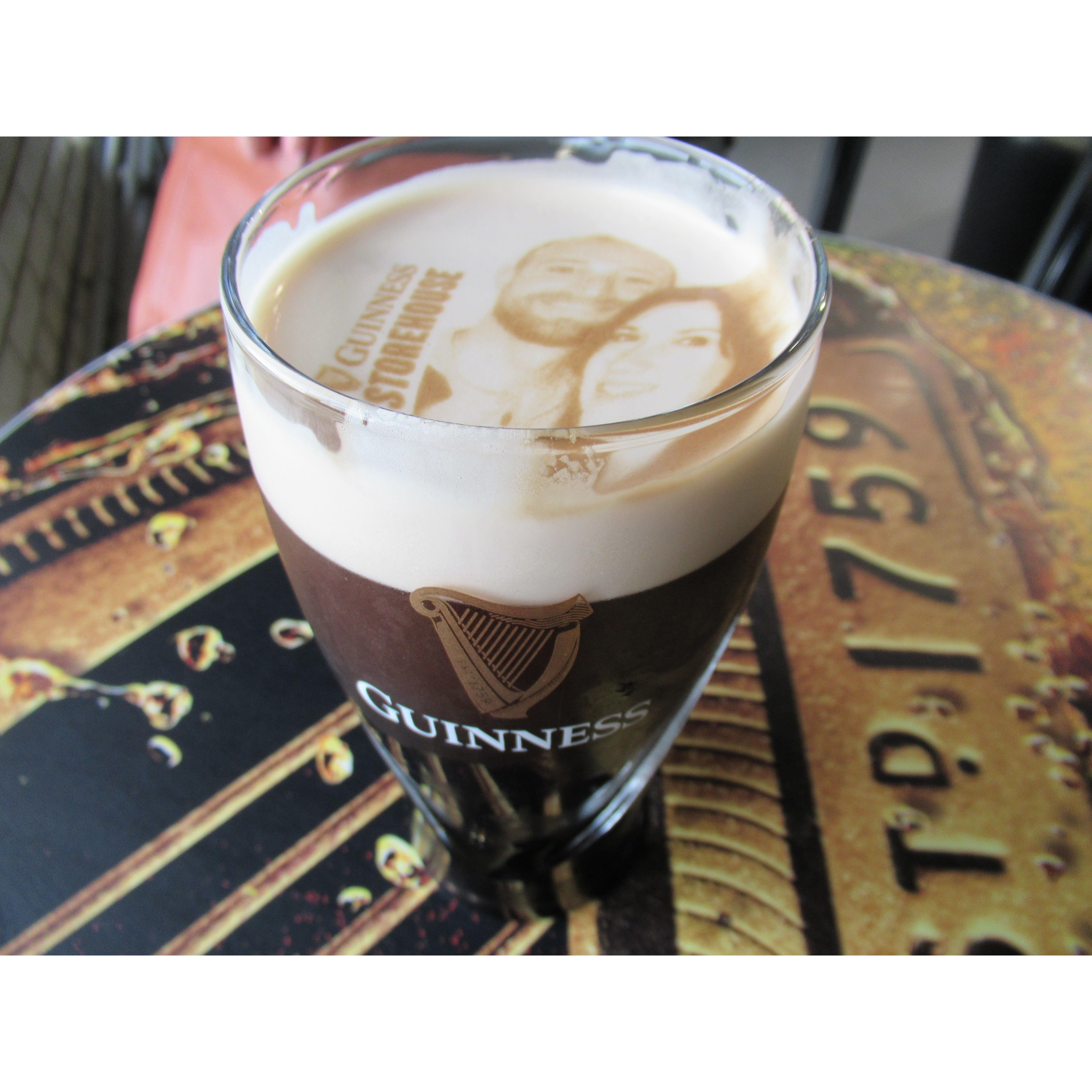 Our picture engraved in Guiness foam in Dublin, Ireland