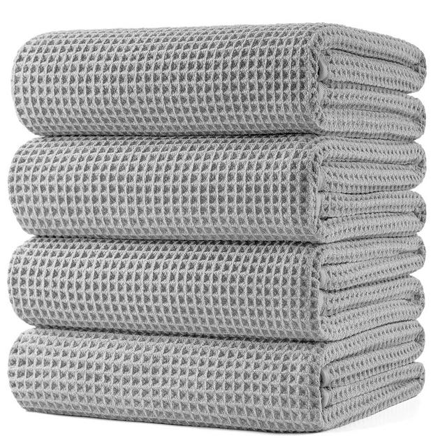 POLYTE Microfiber Oversize Quick Dry Lint Free Bath Towel, 60 x 30 in, 4 Pack (Light Gray, Waffle Weave)