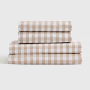(Queen) Classic Organic Percale Gingham Sheet Set in Cafe