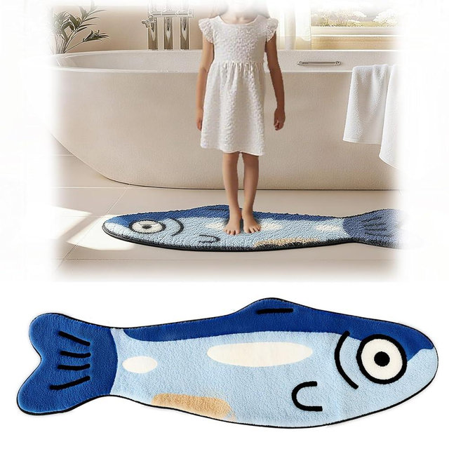 Cute Fish Bath Mat for Bathroom,Non-Slip Absorbent Bathroom Fish Rug,Fun Bath Mat can be Machine Washed 47.2" x 15.7" (Blue)
