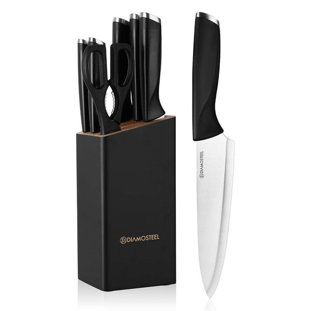 Diamosteel Black Knife Set with Wooden Block, 7 Pieces Sharp Knife Block Set with Stainless Steel Blade Ergonomic Handle, Dishwasher Safe Knives Set