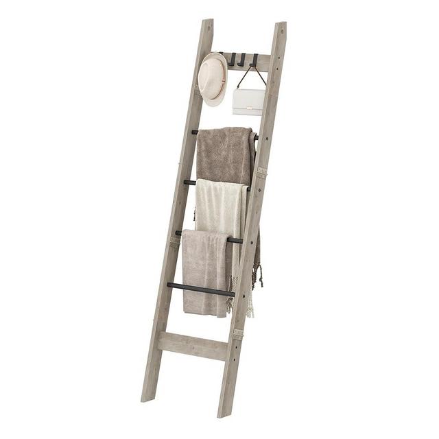 Hzuaneri Blanket Ladder Shelf for Living Room, Decorative Wood Quilt Rack with 4 Removable Hooks, 6-Tier Farmhouse Ladder Holder Organizer for Bedroom, Greige and Black BR31505B