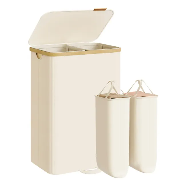 SONGMICS Laundry Hamper, Laundry Sorter with Lid, Removable Liners, Bamboo Frame, 2 Sections, 39.6 Gal. , Cream White
