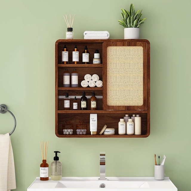 YUCHIATH Wall Bathroom Cabinet with Flax Sliding Door, Wood Medicine Cabinet with Adjustable Shelf, Hanging Cabinet for Bathroom, Livingroom (Walnut1)