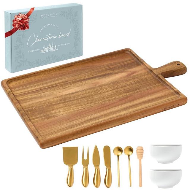 Grazerie Charcuterie Board Gift Set - Acacia Serving Tray with Handle and Complete Knife Set with Bowls for Entertaining - 10 Piece Set for House Warming Wedding Gift