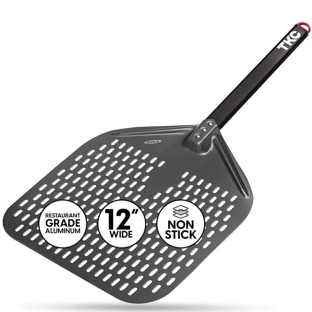 TKC Perforated Pizza Peel - 12" Metal Pizza Turner compatible with Ooni Ovens, Indoor & Outdoor Use, Durable and Heat-Resistant Handle, Lightweight Pizza Spatula (Black)