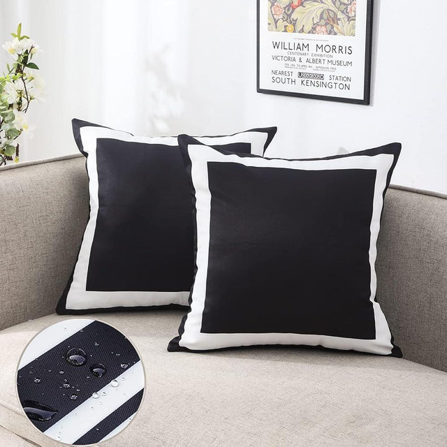 JOJOGOGO Black Outdoor Throw Pillow Covers Waterproof 20x20 Set of 2, Black and White Decorative Outdoor Waterproof Sunburn Resistant Boho Pillows 20 x 20 for Patio Furniture Porch (White Border)
