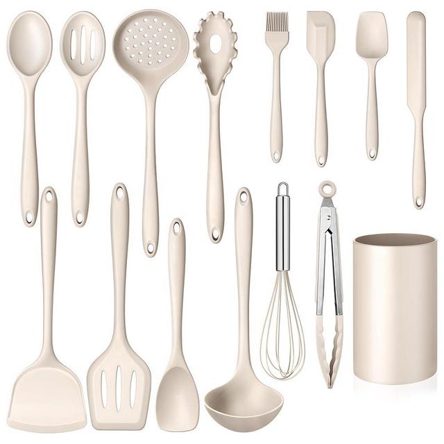15-Piece Kitchen Cooking Utensils Set with Holder, Homikit Heat Resistant Food Grade Silicone Kitchen Utensils include Slotted Spatula Ladle Turner for Nonstick Cookware, Dishwasher Safe- Khaki