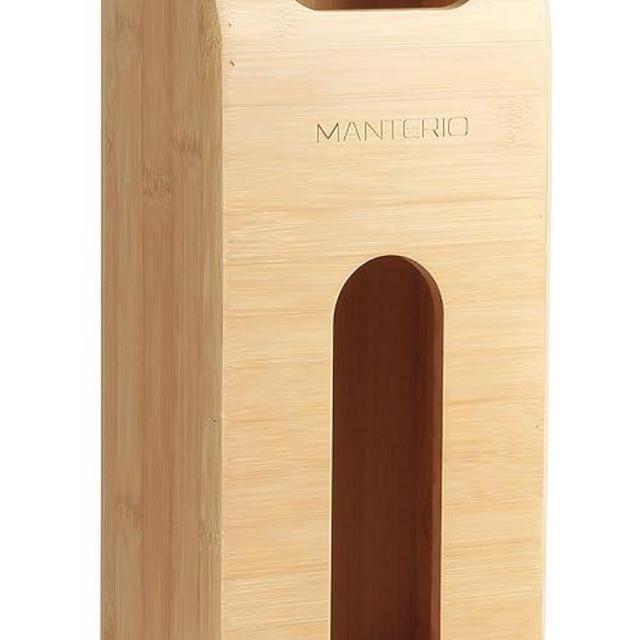 Manterio Wall Mount Plastic Bag Organizer | Durable Bamboo Grocery Bag Saver | Smudge Proof, Fingerprint Resistant | Natural Wood Color