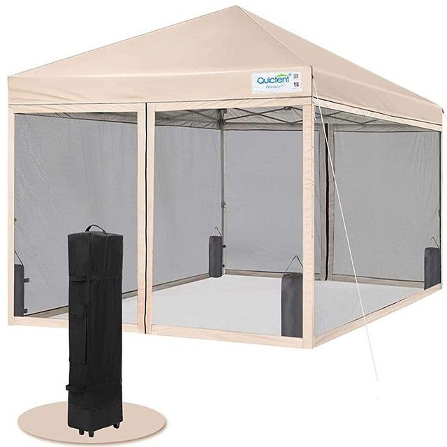 Quictent 10x10 Easy Pop up Canopy Tent Screened with Mosquito Netting Instant Gazebo Screen House Room Tent Waterproof, Roller Bag & 4 Sand Bags Included(Tan)