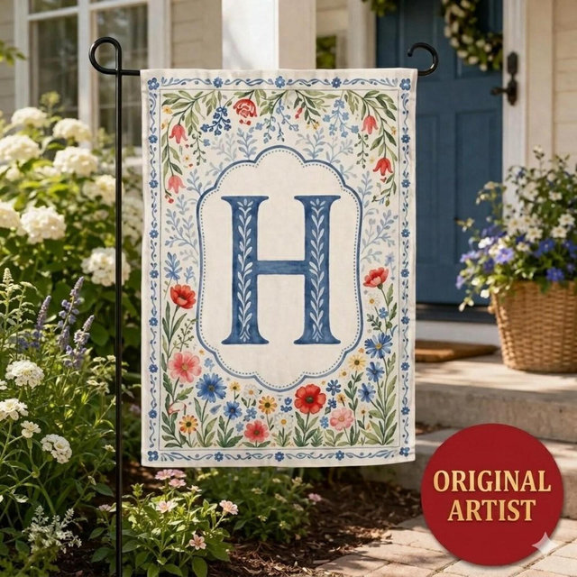 Personalized Crest Garden Flag, floral Preppy Coquette Initial Yard decor, Grandmillennial Decor, Porch Banner, Watercolor Chinoiserie Flag