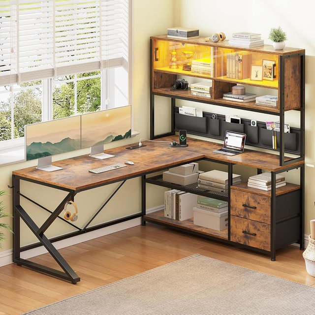 SEDETA L Shaped Computer Desk, Home Office Desk with 2 Drawer and Bookshelf, L Shaped Gaming Desk with LED Light, Glass Cabinet and Storage Bag, Corner Desk with Storage Shelves, Rustic Brown