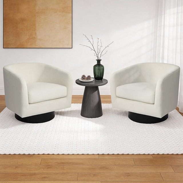 Swivel Barrel Accent Chair, Modern Round Chenille Fabric Arm Chair for Living Room, Bedroom, Comfy Club Reading Chairs for Adults（Velvet Ivory, Set of 2