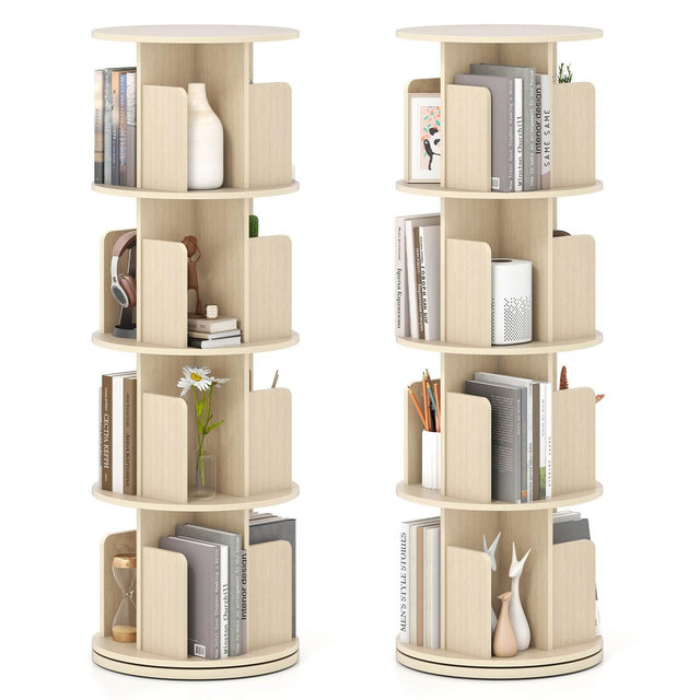 Costway 2 PCS 4-Tier Rotating Bookshelf 360° Display Rack Dividers & Anti-falling Baffles Natural