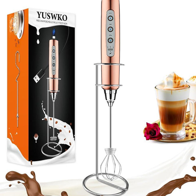 YUSWKO Rose Gold Handheld Milk Frother Wand with Stand for Coffee, Rechargeable Electric Whisk with 3 Heads 3 Speeds Drink Mixer Coffee Frother For Latte, Cappuccino, Hot Chocolate, Egg