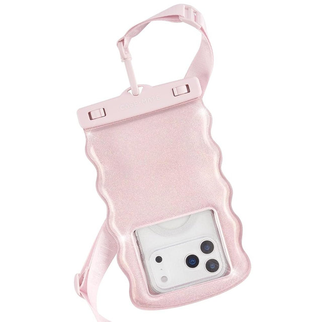 Case-Mate Wavy IP68 Waterproof Phone Pouch - Large Floating Phone Case w/Crossbody Lanyard - Cruise Ship Travel Essentials Compatible w/All Devices - Hidden Pocket for Card/Cash- Ballet Pink Twinkle