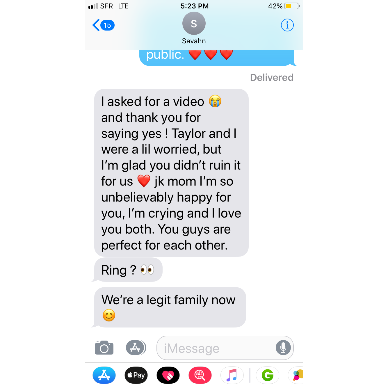 Savahn's reply after her mom texted her that she said, yes.