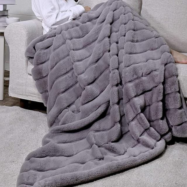 Cozy Bliss Luxury Super Soft Striped Faux Fur Throw Blanket for Couch, 50"x60" Grey Marl, Warm Milky Plush Blanket for Sofa Bed Living Room Bedroom