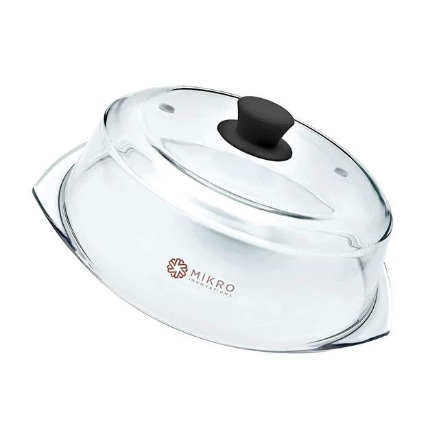 Glass Microwave Plate Food Cover Tall Splatter Guard BPA Free with Firm Grip Silicone Knob - Black