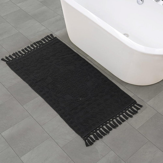 French Connection Nellore Bathroom Rugs, Woven and Beaded Mats, Durable Bath Rugs, Thick Bath Mats for Bathroom and Shower Rugs, 26" x 49", Black
