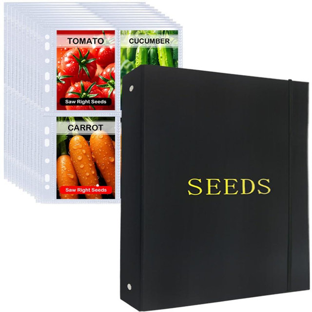 Wenscis Seed Storage Organizer Binder,3 Ring Seed Packet Organizer with 100 Pockets(25 Pack Clear Sheet Protectors), Garden Seed Holder Book for Envelopes, Seed Keeper, Black