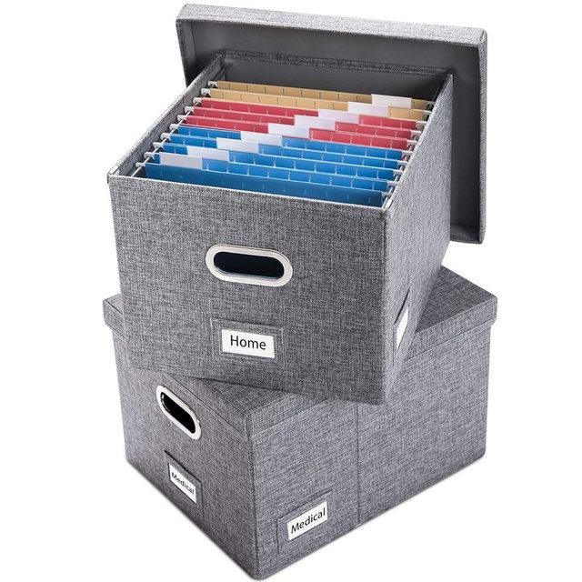 PRANDOM File Organizer Box - Set of 2 Collapsible Decorative Linen Filing Storage Hanging File Folders with Lids Office Cabinet Letter/Legal Size Grey (17x14x11.2 inch)