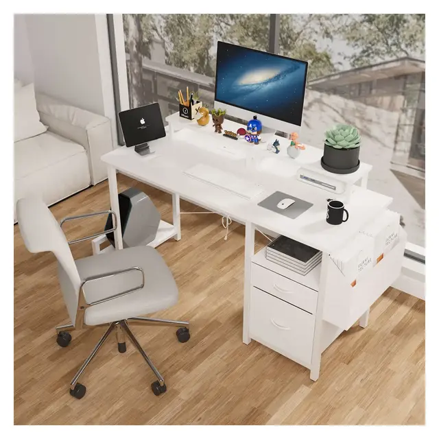 KTMBDW 47" L Desk with Power Outlet, Computer Gaming Desk with File Drawer & Monitor Stands for Home Office with Storage Shelves, White