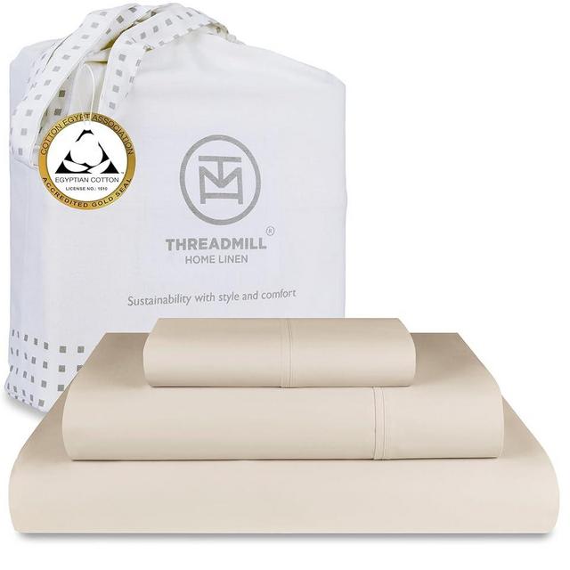 Threadmill Egyptian Cotton Twin XL Sheet Set | 100% Certified Egyptian Cotton Sheets for Twin XL Size Bed | Sateen Twin XL Bed Sheets Set Deep Pocket | Soft Hotel 3-Piece Cooling Sheet Set | Beige