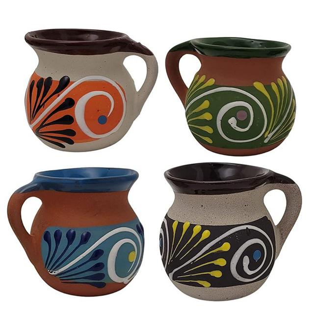 LAVO HOME Ceramic Clay 4 Mug Set Artisanal Mexican Jarrito Ponchero Coffee Tea Atole Champurrado Hot & Cold Beverages Handmade Assorted Colors