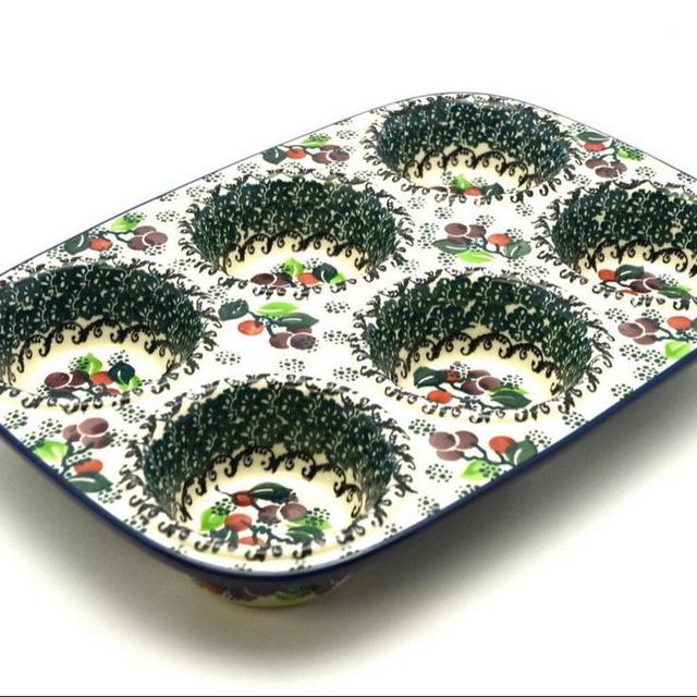 Polish Pottery Muffin Pan - Burgundy Berry Green