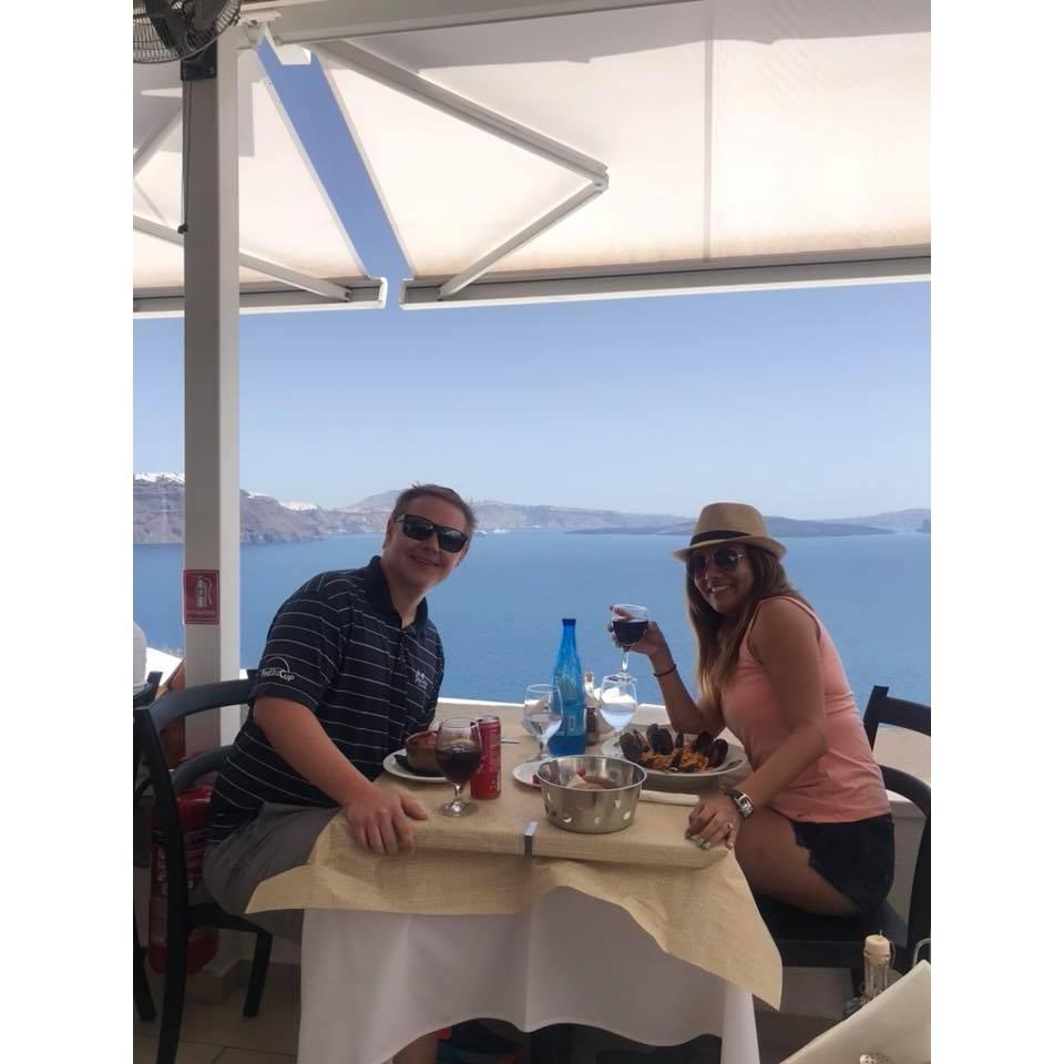 Celebrating our engagement on Santorini in the Greek Isles.