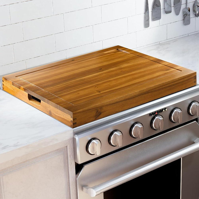 BLUEWEST Noodle Board Stove Cover with Buil-in Handles, 3 in 1 Wood Stove Top Covers Board for Gas Burners and Electric Stove, Wooden RV Stovetop Cover, Extra Kitchen Counter Space with Juice Grooves