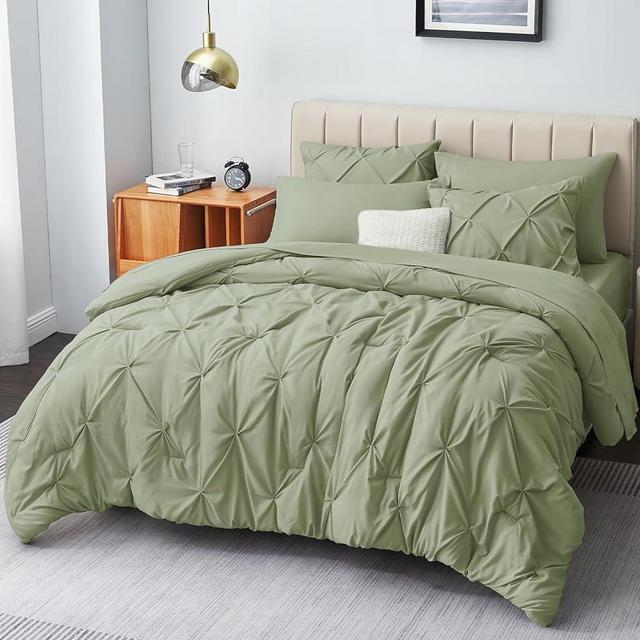 CozyLux King Size Comforter Set - 7 Pieces Comforters King Size Sage Green Pintuck Bed in A Bag Pinch Pleat Bedding Sets with All Season Comforter, Flat Sheet, Fitted Sheet and Pillowcases & Shams