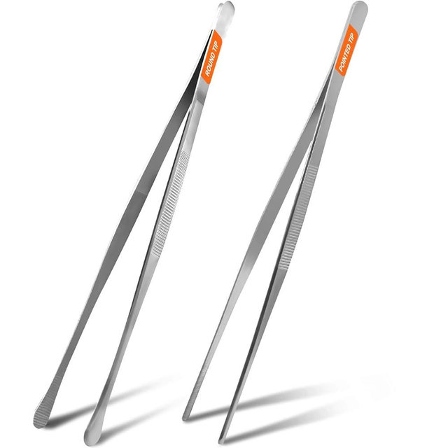 2Pcs 12-inch Kitchen Tweezers for Cooking, Kitchen Tweezer Tongs, Fine Stainless Steel Cooking Utensils Set for Steak, Salad, Pasta, Bacon, Sausage, BBQ, Toast, Aquarium, Silver, Achiwish