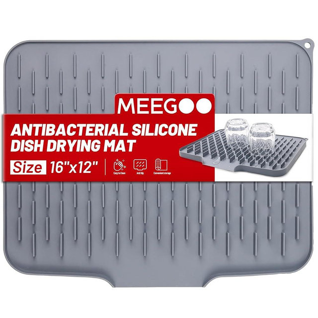 Silicone Dish Drying Mat for Kitchen Counter, Dish Drying Pad, Non-Slip Drain Pad with Built-in Drain, Easy clean,Eco-friendly,Heat-resistant Silicone Mat (Gray, 16''*12'')