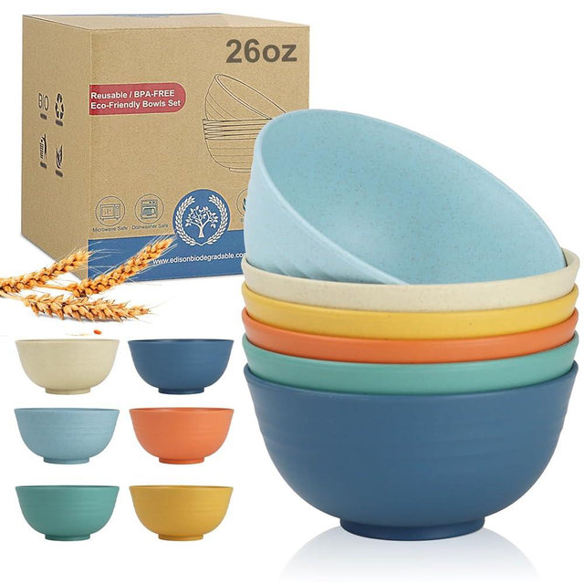 Wrova 26 oz Wheat Straw Bowls,Unbreakable Cereal Bowls Set of 6,Microwave & Dishwasher Safe Salad Bowls for kitchen, Kitchen Bowl Sets for Soup,Salad,Fruit,Snack and Oatmeal-Multi Color