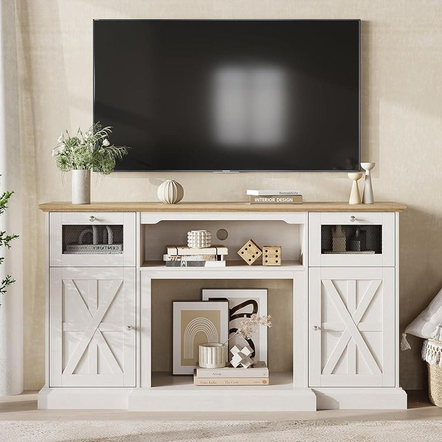 Maupvit Modern Farmhouse TV Stand for 65 Inch TV, Entertainment Center with Storage Cabinets and Adjustable Shelves, Wood TV Media Console Storage Table and Media Furniture for Living Room, Milk White