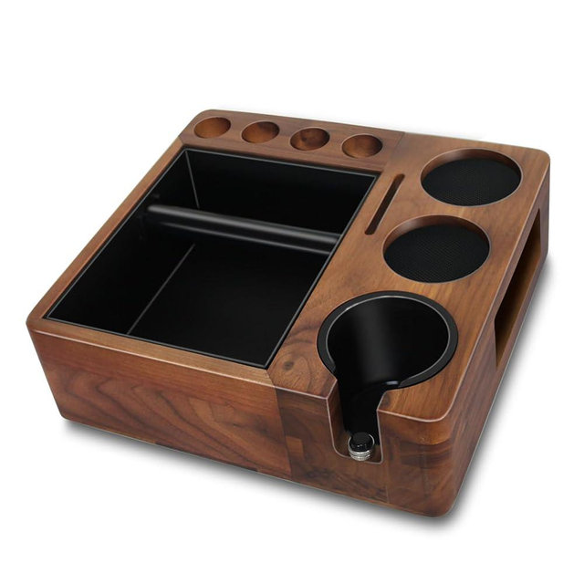 JOYONE Espresso tamping station and knock box,Wooden portafilter holder,Espresso organizer station box,Tamping station fit for storage 51/54/58mm coffee accessories,Multifunctional espresso station