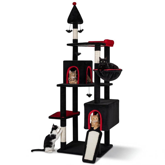 Tangkula Gothic Cat Tree, 75" Tall Halloween Cat Tower with Sisal Scratching Posts & Ramp, 2 Condos, Top Perch, Bat Hanging Toys, Basket, Heavy Duty Black Goth Cat Tree for Indoor Large Cats 20+ LBS